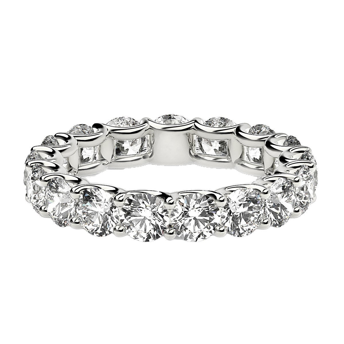 Round cut lab-grown diamond eternity ring in 14k white gold, featuring a stunning halo design for timeless elegance.