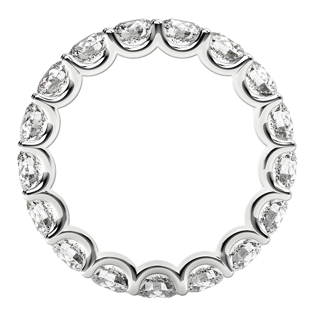 Round cut lab-grown diamond eternity ring in 14k white gold, featuring a halo design for timeless elegance.