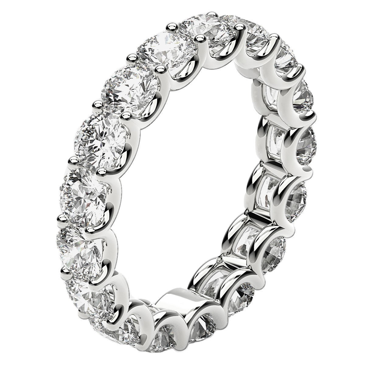 Round cut lab-grown diamond eternity ring in 14k white gold, featuring a stunning halo design for timeless elegance.