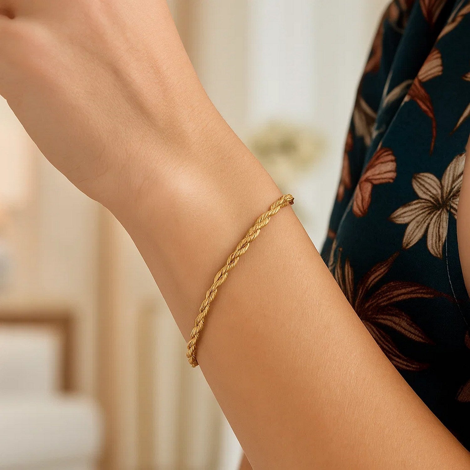 14k yellow gold silk rope chain bracelet, classic design with elegant texture and refined craftsmanship.