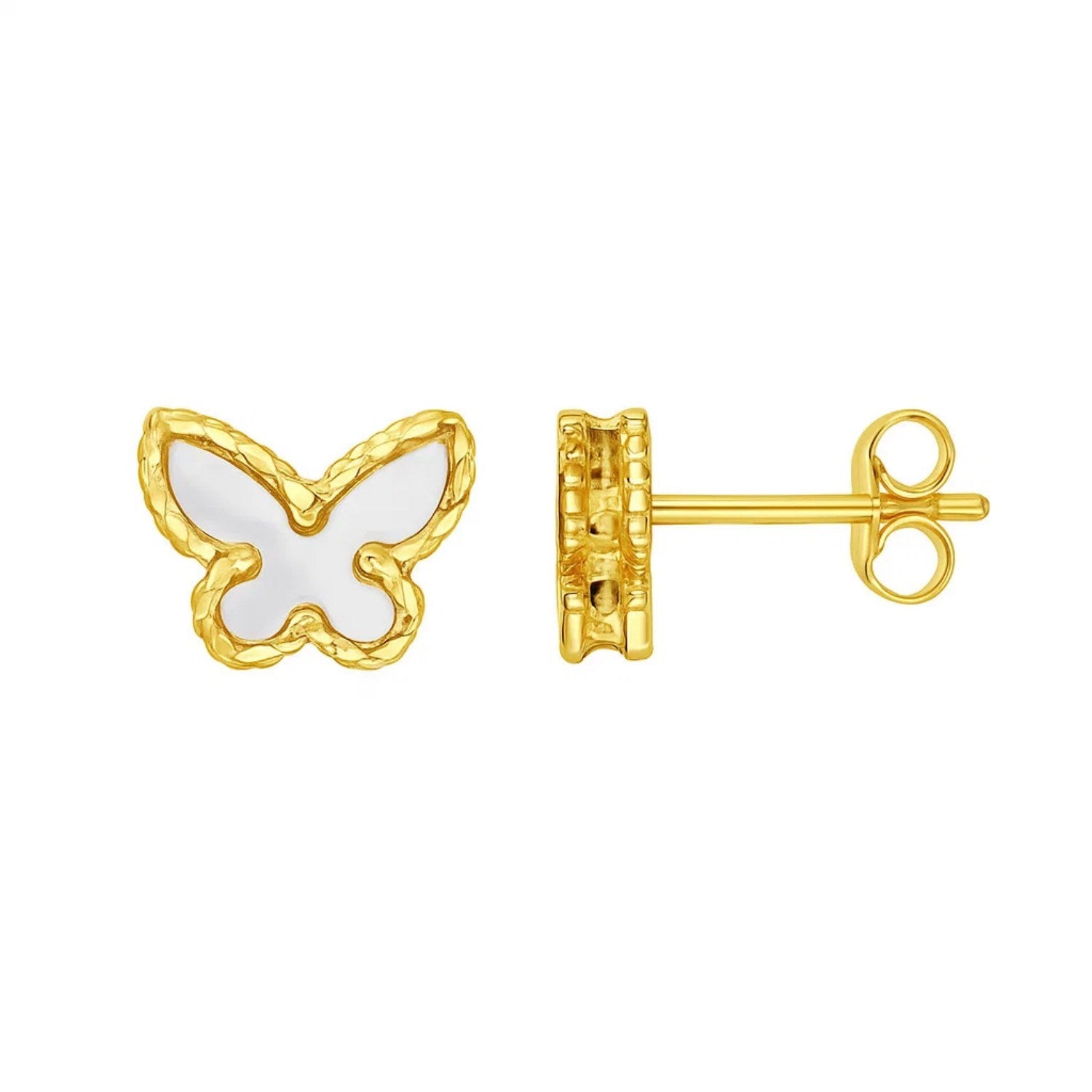 14K yellow gold stud earrings featuring elegant mother of pearl butterfly design, perfect for sophisticated occasions.