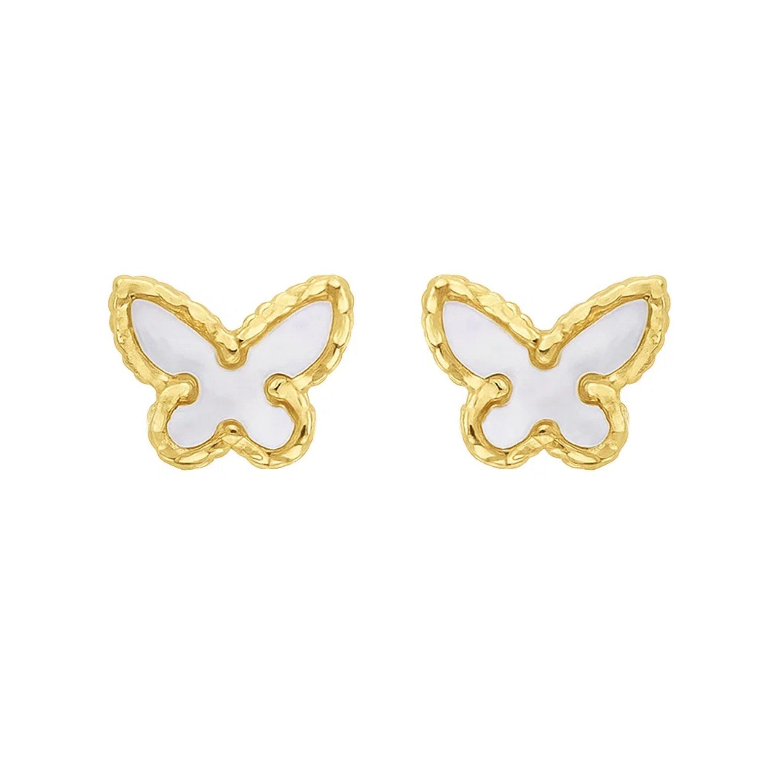 Elegant 14k yellow gold stud earrings featuring exquisite mother of pearl in a graceful butterfly design.