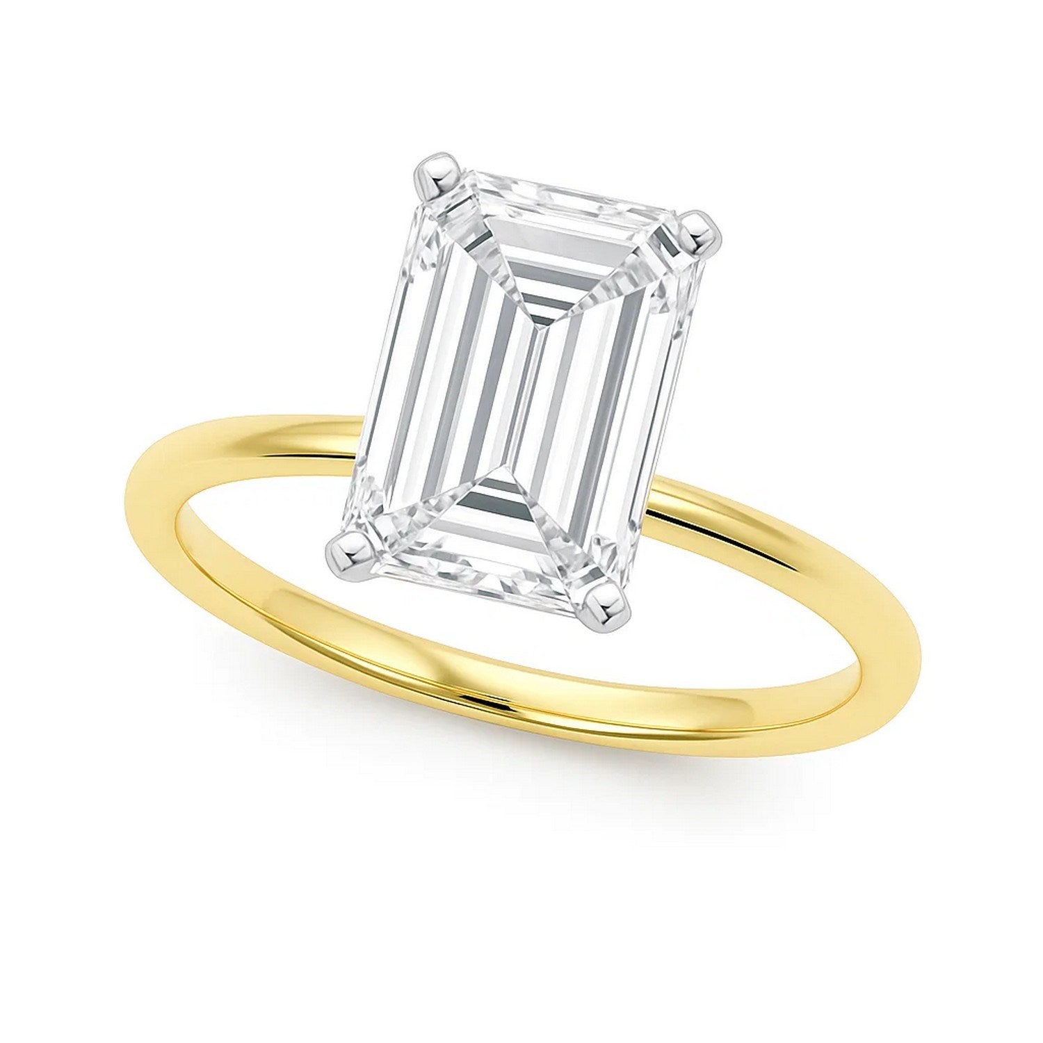 5 carat emerald lab-grown diamond solitaire ring in 14k yellow gold, showcasing modern elegance and timeless luxury.