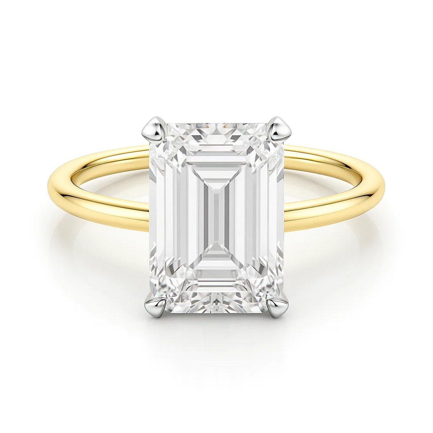 5 carat emerald lab-grown diamond solitaire ring in 14k yellow gold, showcasing modern elegance and exquisite craftsmanship.