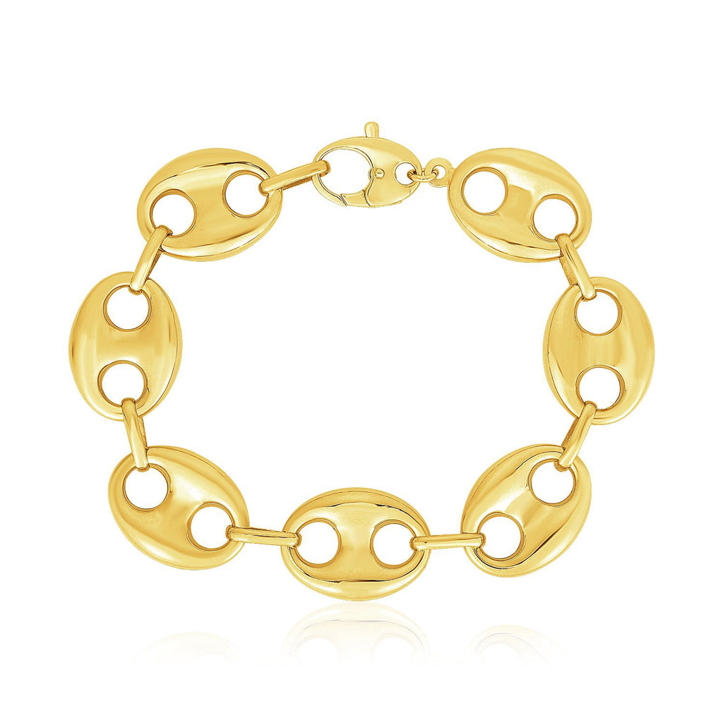 14k yellow gold high polish lite puffed mariner link bracelet, modern design with elegant chain links, 16.00 mm width.