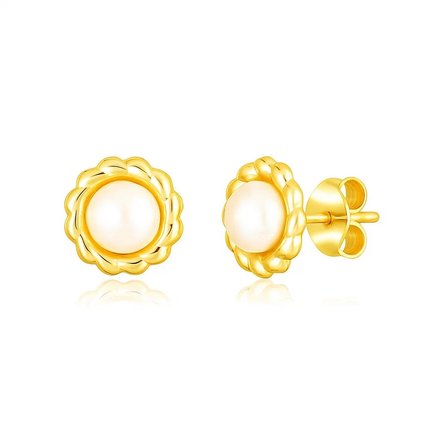 14k yellow gold pearl flower stud earrings with an elegant floral design, perfect for sophisticated occasions.