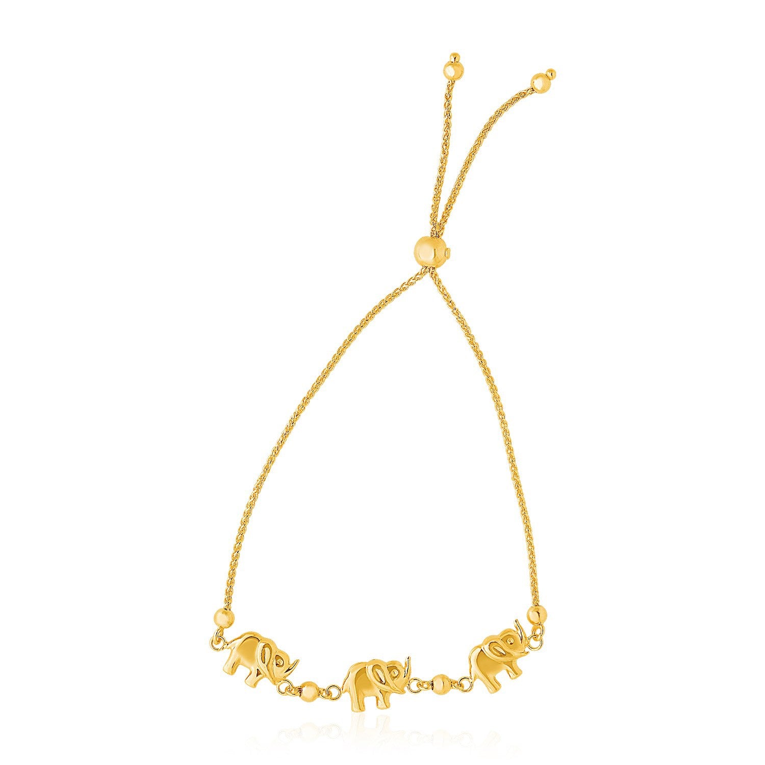 14k yellow gold lariat bracelet featuring elegant elephant stations and a delicate chain design.