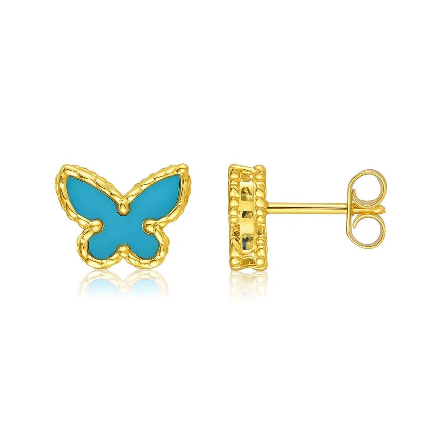 14k yellow gold butterfly stud earrings featuring vibrant turquoise accents in a contemporary design.
