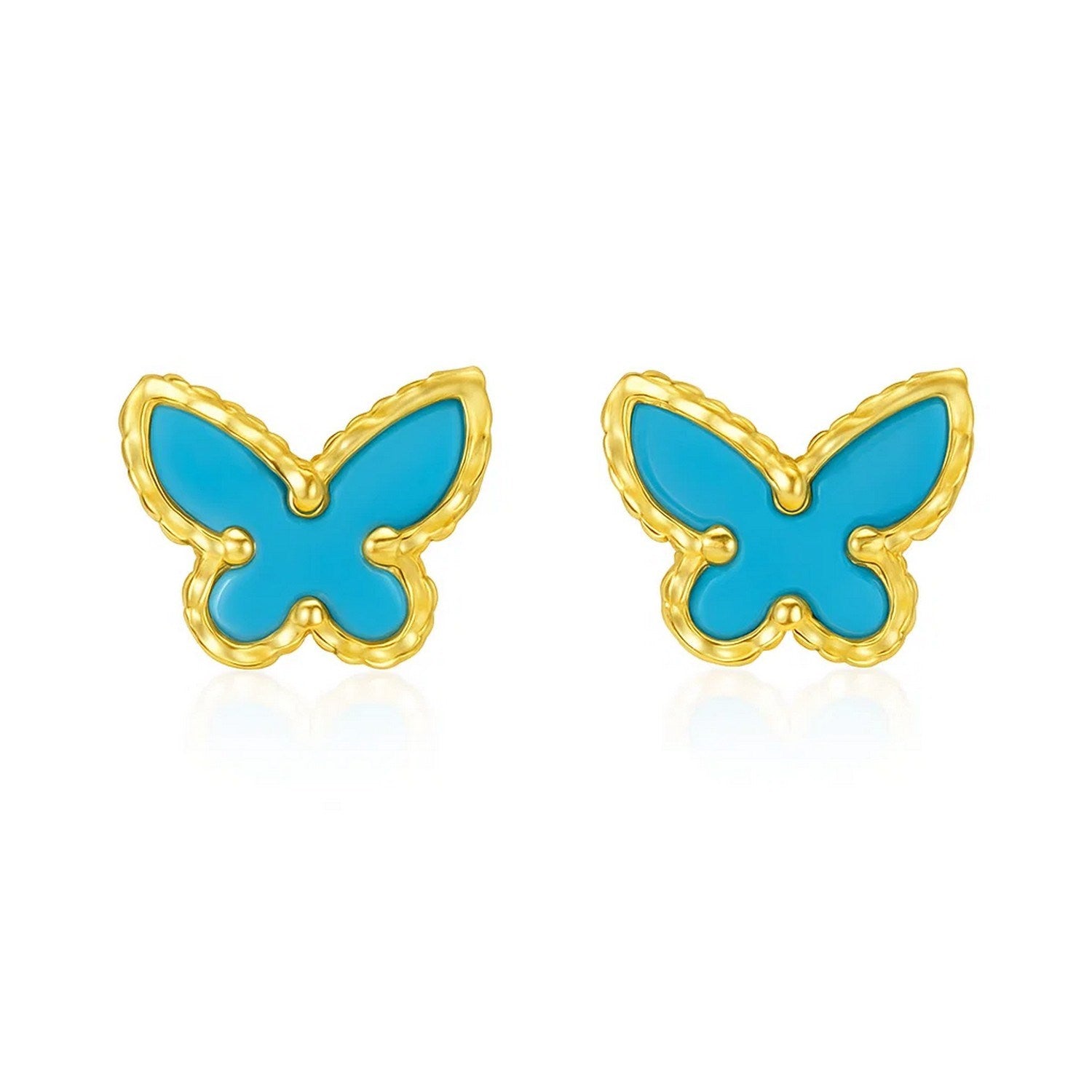 14k yellow gold butterfly stud earrings featuring vibrant turquoise accents in a contemporary design.
