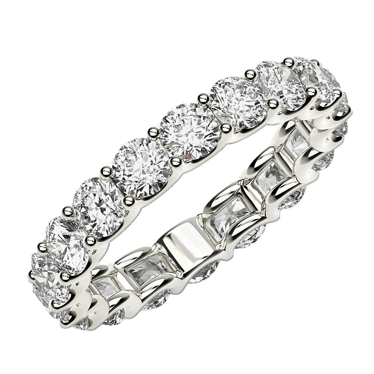 Round cut lab-grown diamond eternity ring in 14k white gold, showcasing elegant brilliance and timeless design.