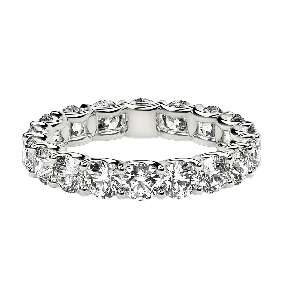 Round cut lab-grown diamond eternity ring in 14k white gold, showcasing elegant design and timeless brilliance.