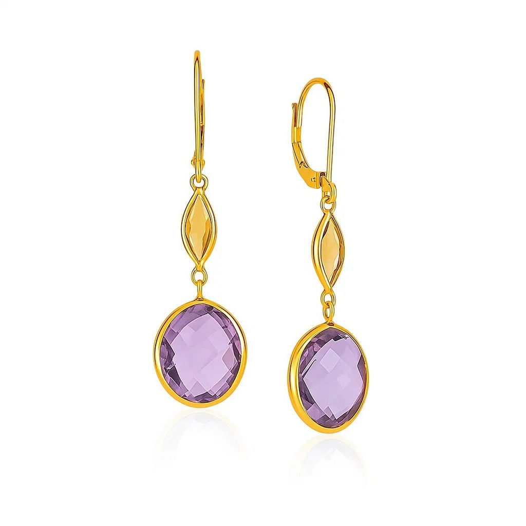 14k yellow gold drop earrings featuring vibrant citrine and amethyst briolettes for an elegant touch.