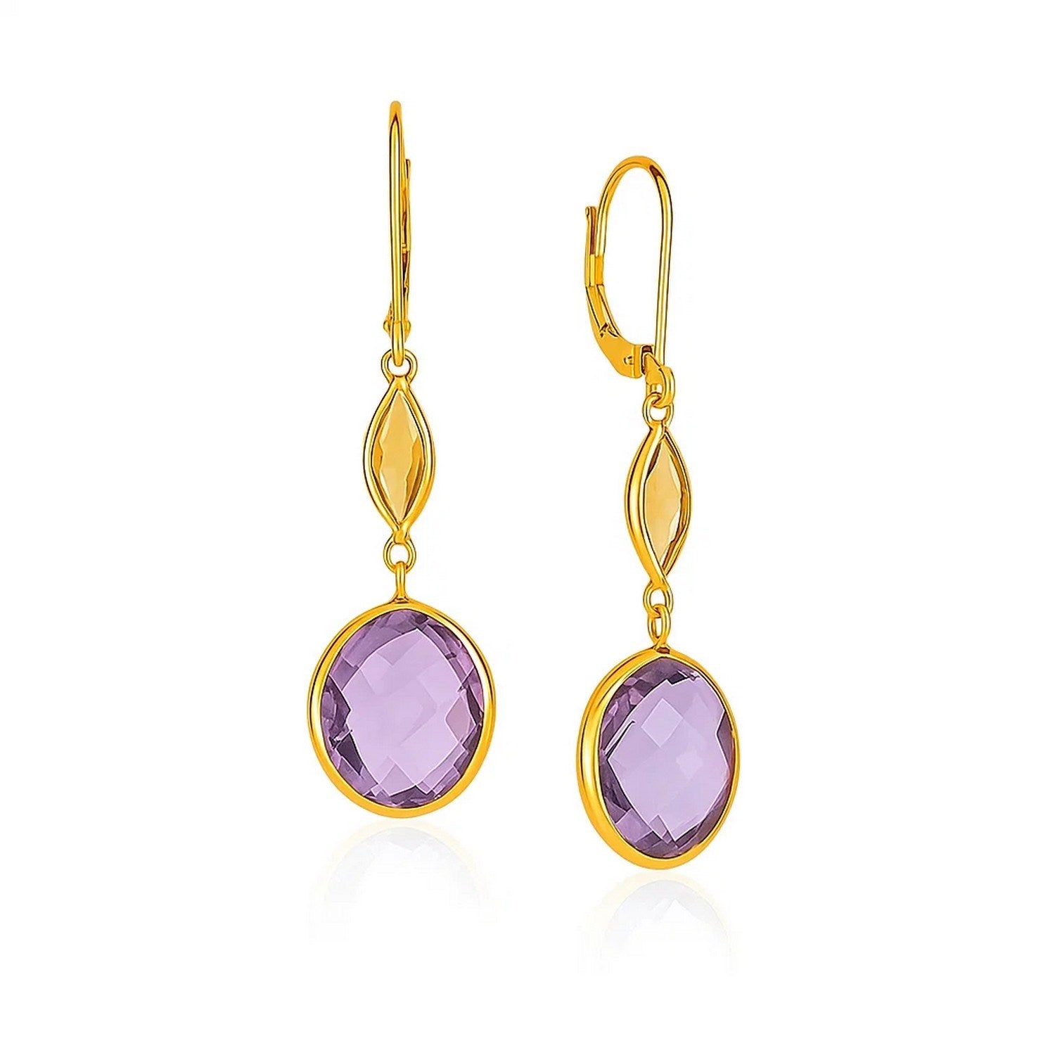 14k yellow gold drop earrings featuring vibrant citrine and amethyst briolettes for an elegant touch.