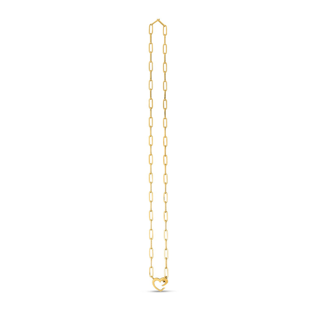 14k yellow gold heart element paperclip necklace with a modern design and elegant chain for a luxurious touch.