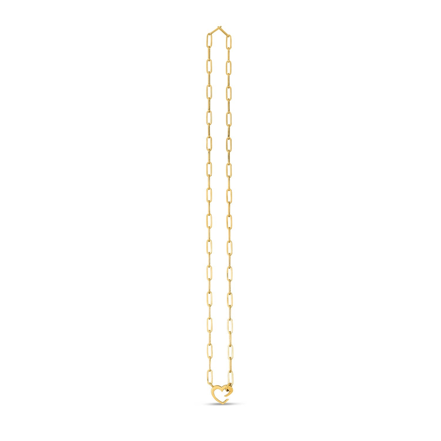 14k yellow gold heart element paperclip necklace with a modern design and elegant chain for a luxurious touch.