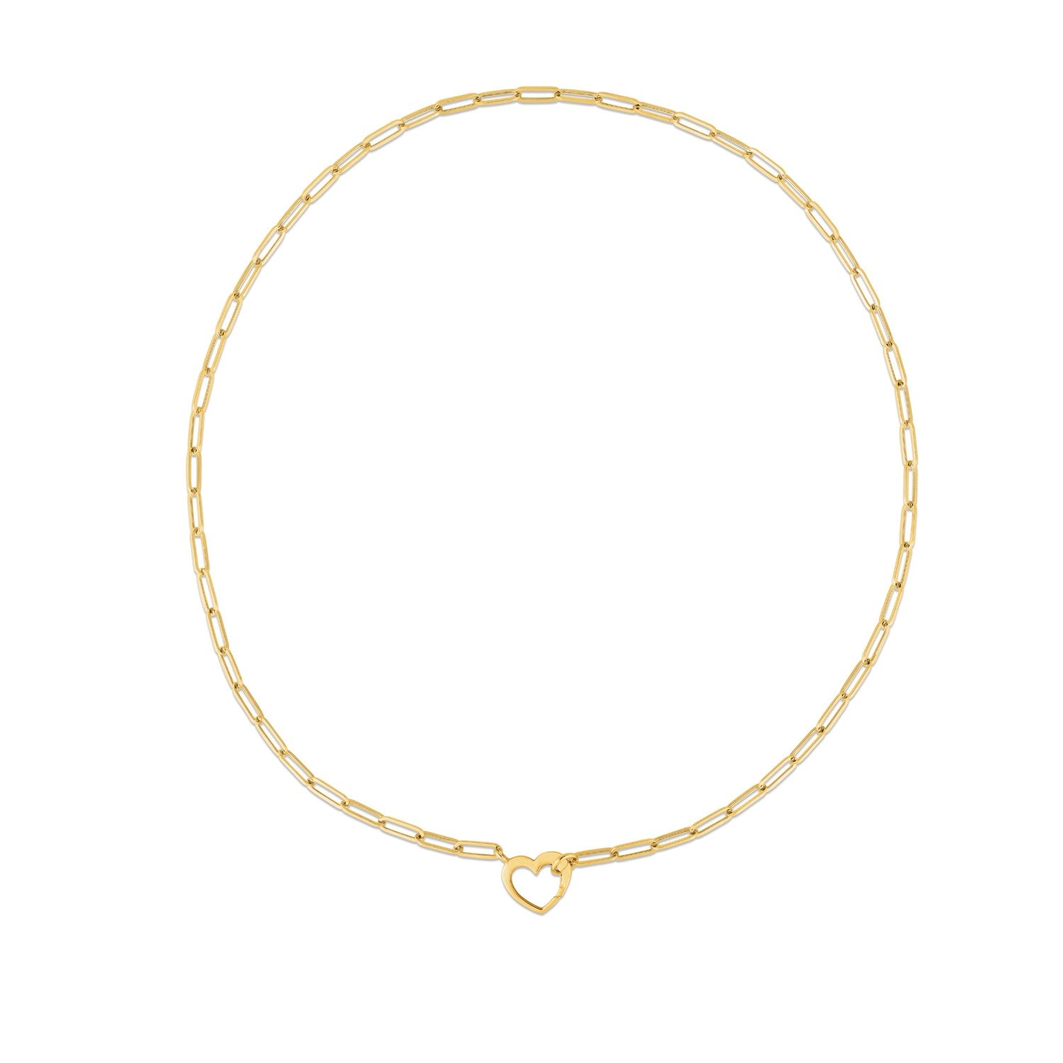 14k yellow gold heart element paperclip necklace with a modern design and elegant round chain detail.