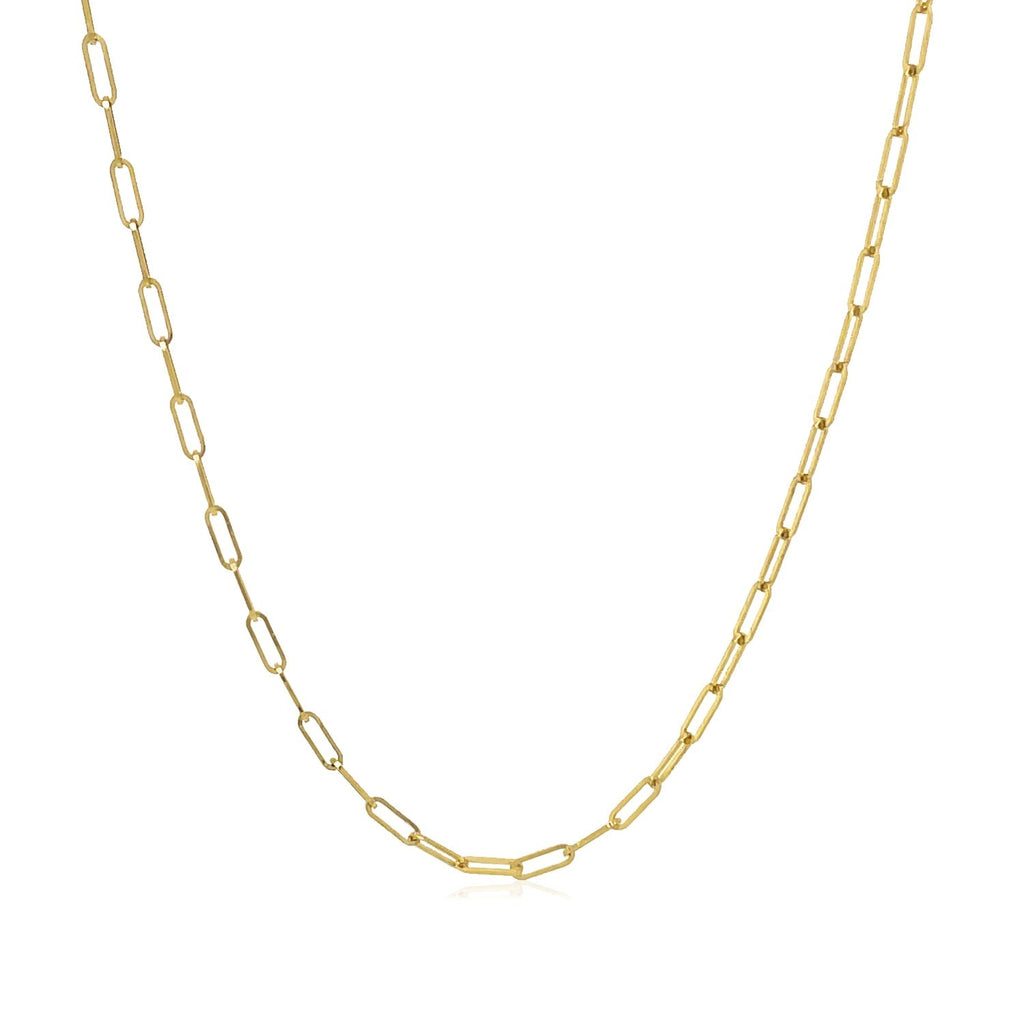 18K yellow gold fine paperclip chain, modern design with elegant round links, perfect for layering or standalone wear.