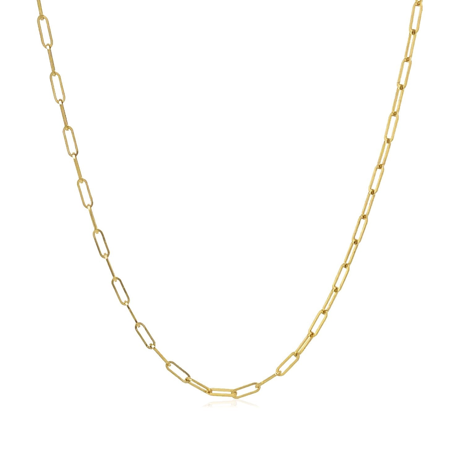 18K yellow gold fine paperclip chain, modern design with elegant round links, perfect for layering or standalone wear.