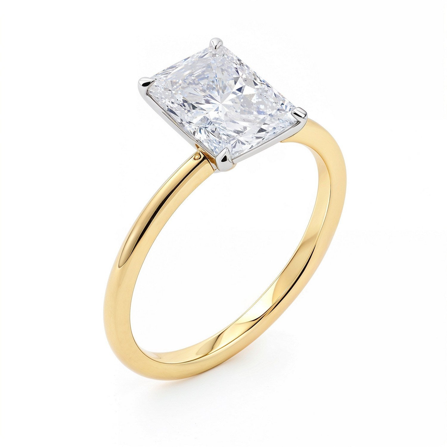 2 carat radiant lab-grown diamond solitaire ring in 14k yellow gold, showcasing timeless elegance and classic design.