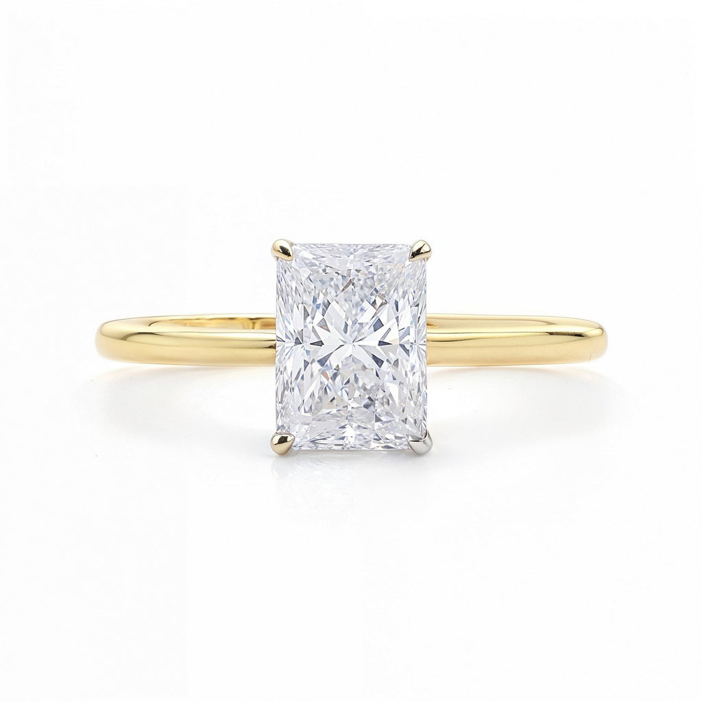 2 carat radiant lab-grown diamond solitaire ring in 14k yellow gold, showcasing timeless elegance and classic design.