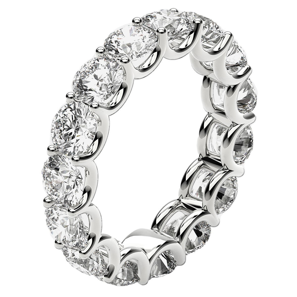 Round cut lab-grown diamond eternity ring in 14k white gold, showcasing elegant design and brilliant sparkle.