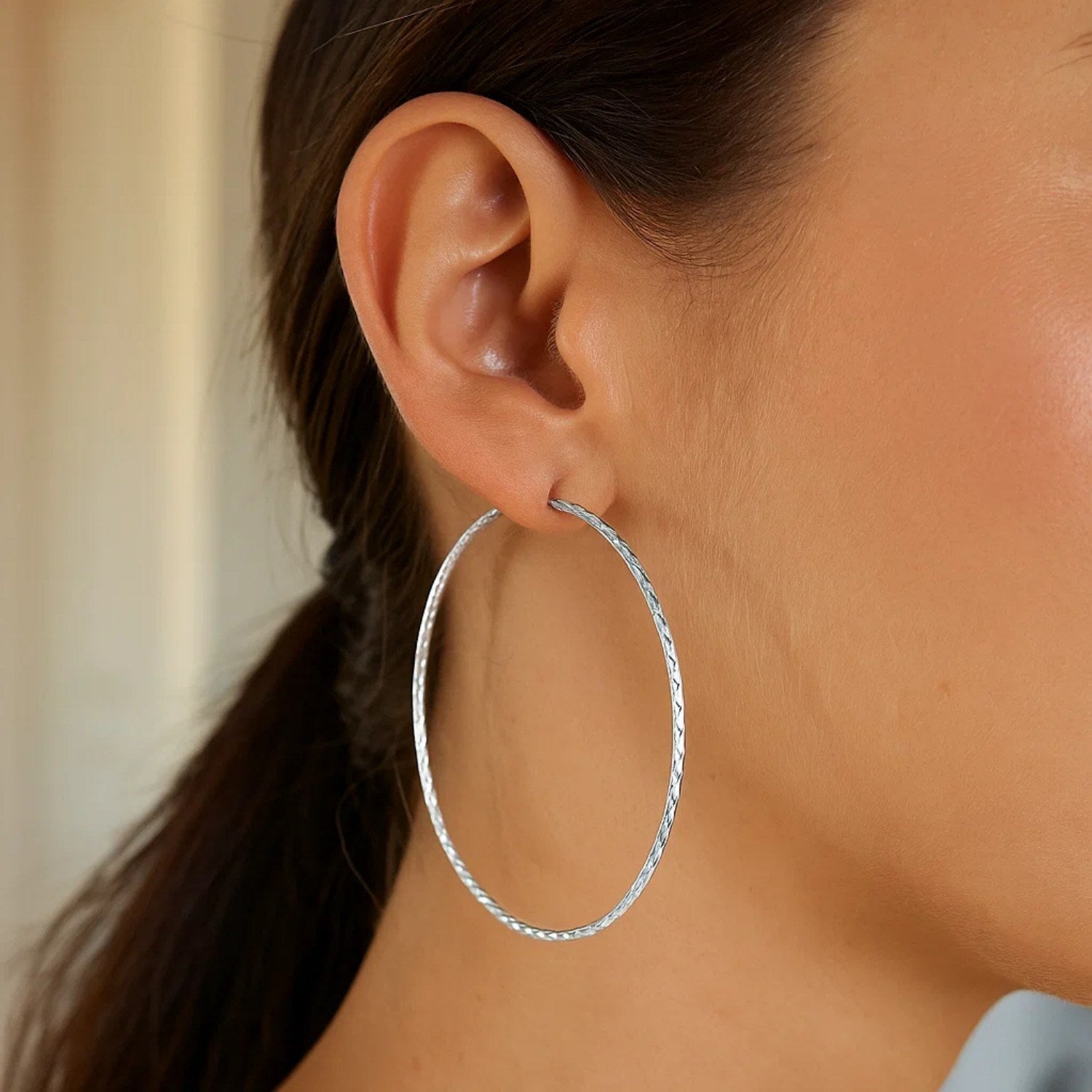 Sterling Silver Textured Large Round Hoop Earrings