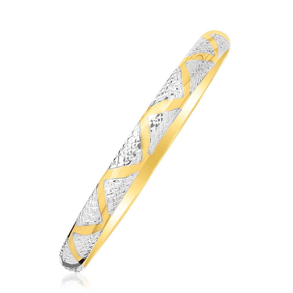 14k two-tone gold textured zigzag bangle, modern luxury design, 6.00 mm width, perfect for elegant stacking.