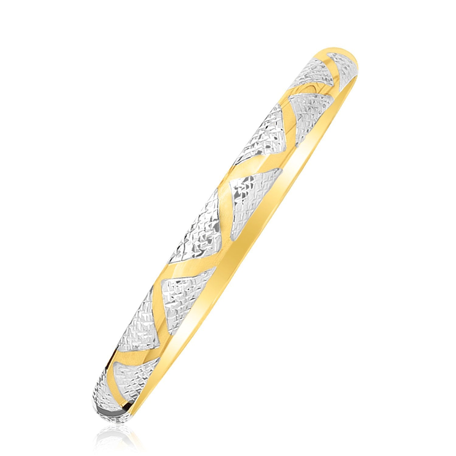 14k two-tone gold textured zigzag bangle, modern luxury design, 6.00 mm width, perfect for elegant stacking.