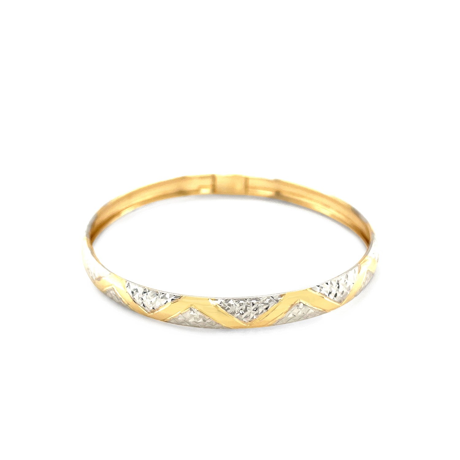 14k two-tone gold textured zigzag bangle, modern luxury design, 6.00 mm width, perfect for elegant stacking.