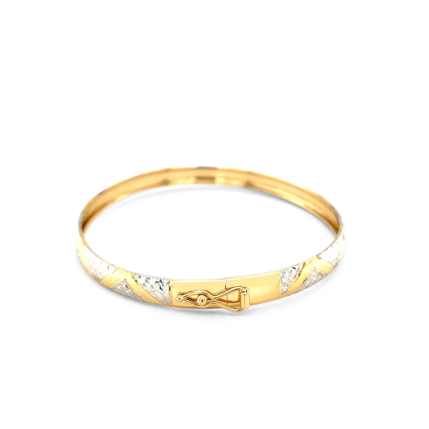 14k two-tone gold textured zigzag bangle, modern design, luxurious finish, perfect for elegant occasions.