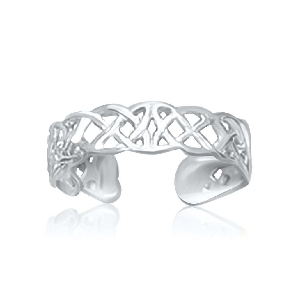 14k white gold toe ring featuring an intricate Celtic knot design, embodying modern elegance and timeless beauty.