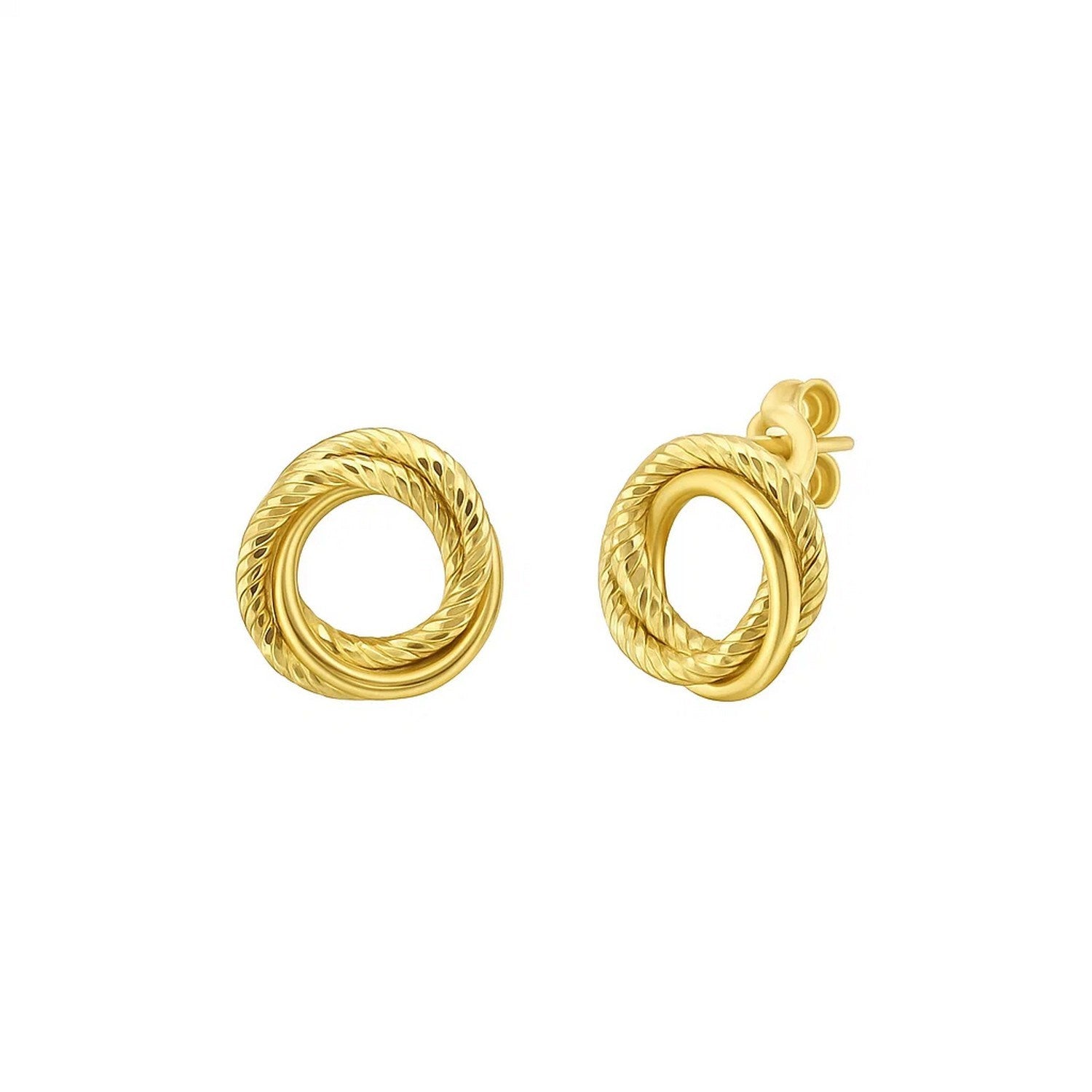 14k yellow gold diamond cut interlocking stud earrings with modern design, perfect for elegant occasions.