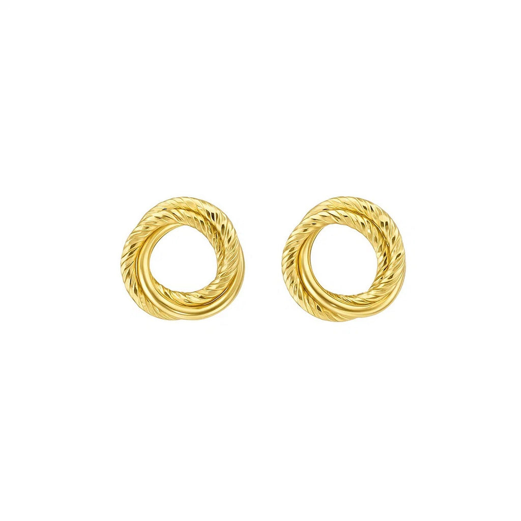 14K yellow gold diamond cut interlocking stud earrings with a modern design, perfect for elegant occasions.