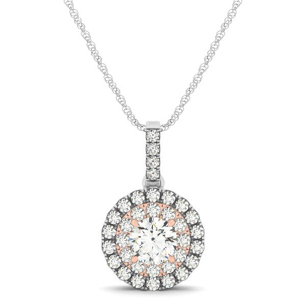 Round halo diamond pendant in 14k white and rose gold, elegantly designed with shimmering diamonds and a refined setting.