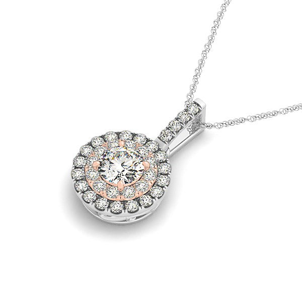 Elegant round halo diamond pendant in 14k white and rose gold, showcasing exquisite craftsmanship and timeless design.