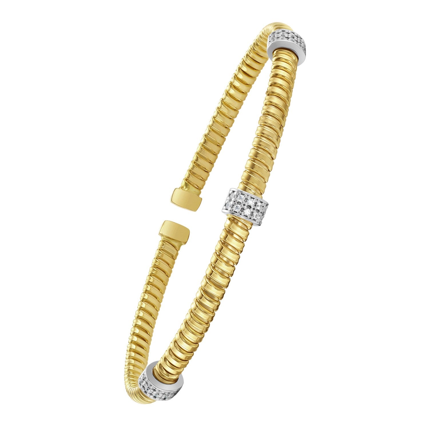 14K yellow gold diamond triple station tubogas bracelet featuring a modern, luxurious design for elegant styling.