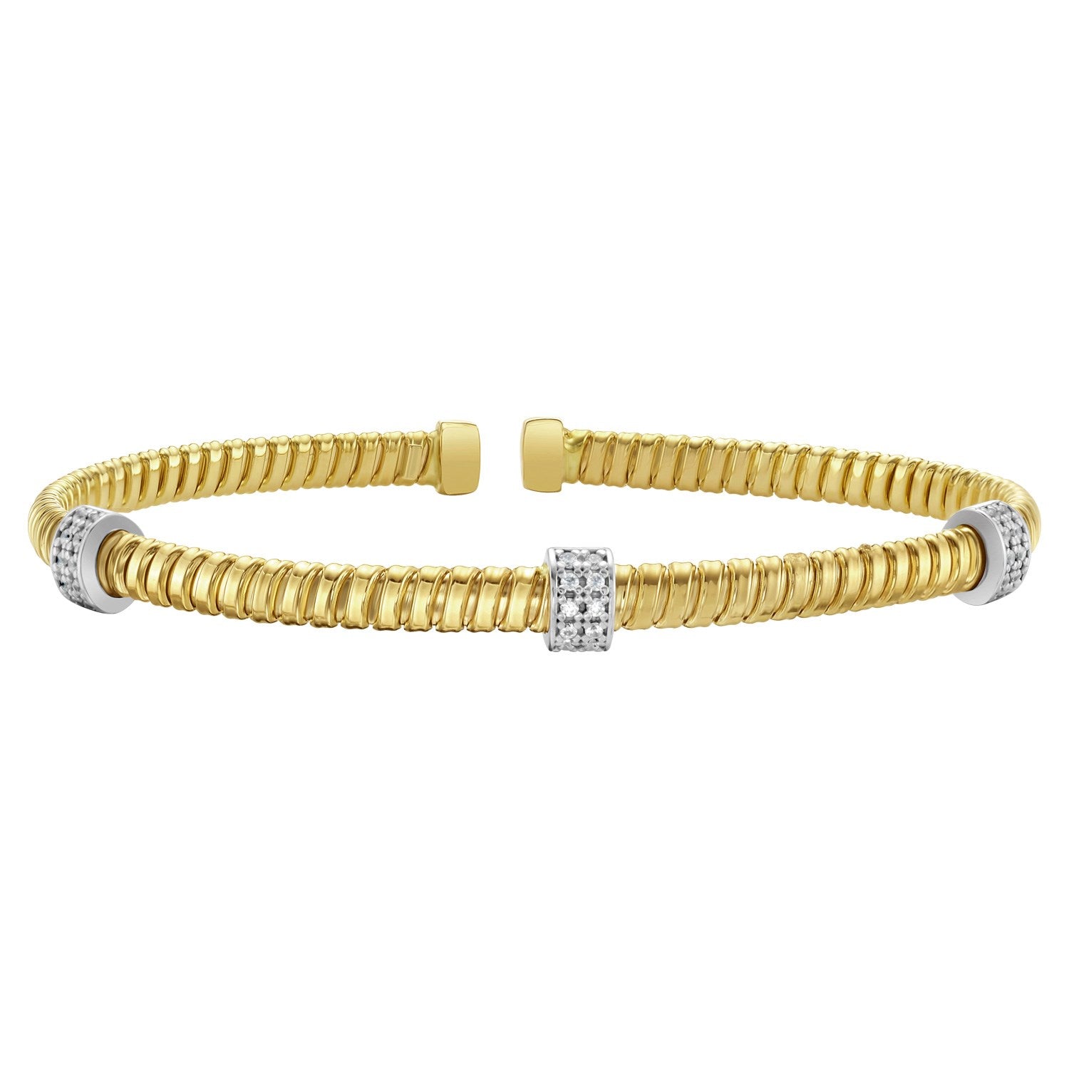 14k yellow gold diamond triple station tubogas bracelet showcasing modern elegance and luxurious design.