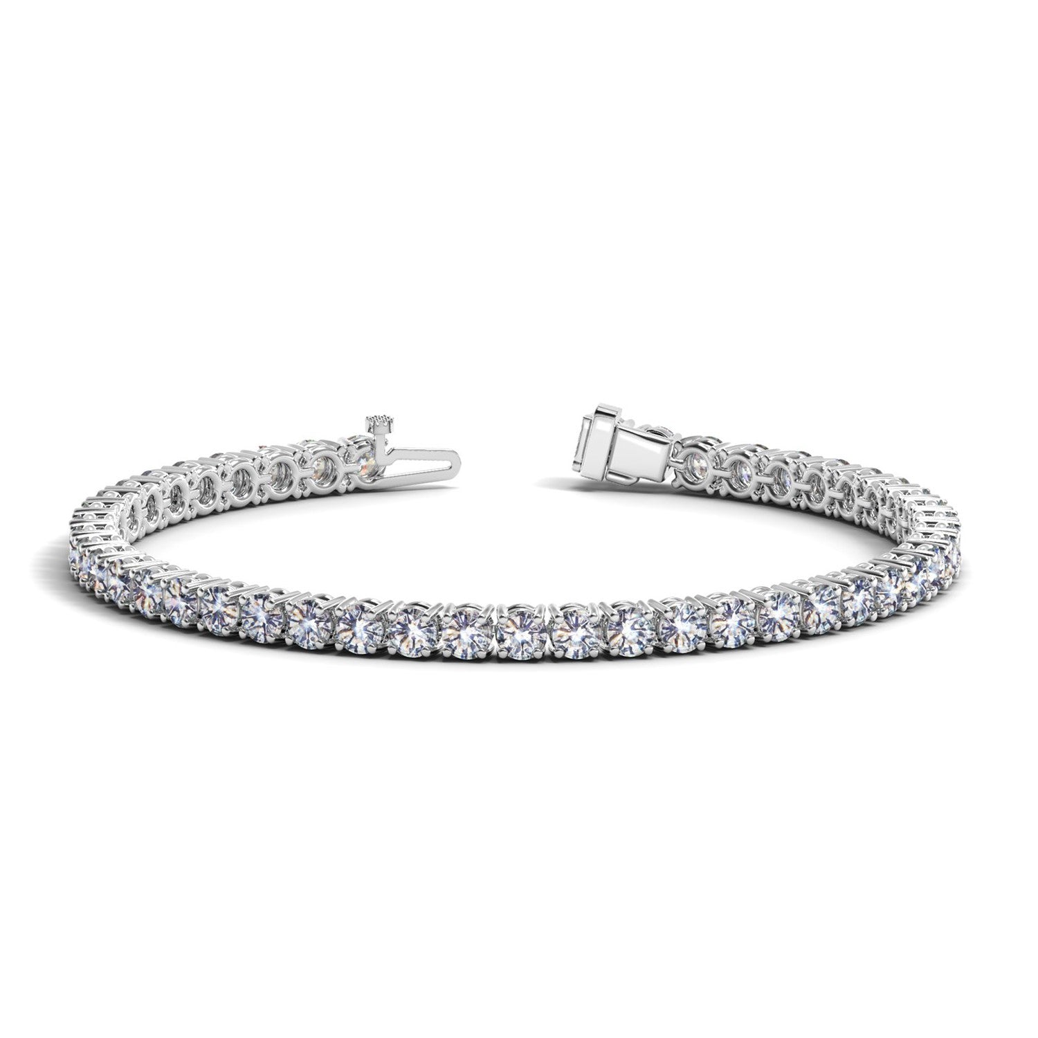 Lab grown round diamond tennis bracelet in 14k white gold, featuring elegant design and 8 cctw F/G VS2/SI1 diamonds.