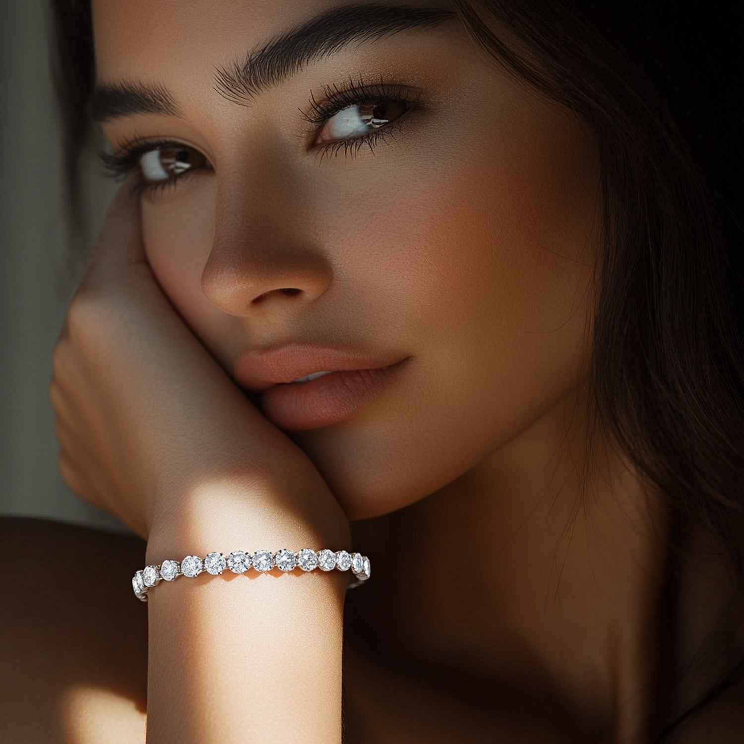 Lab grown round diamond tennis bracelet in 14k white gold, featuring elegant design and 8 cctw of F/G VS2/SI1 diamonds.