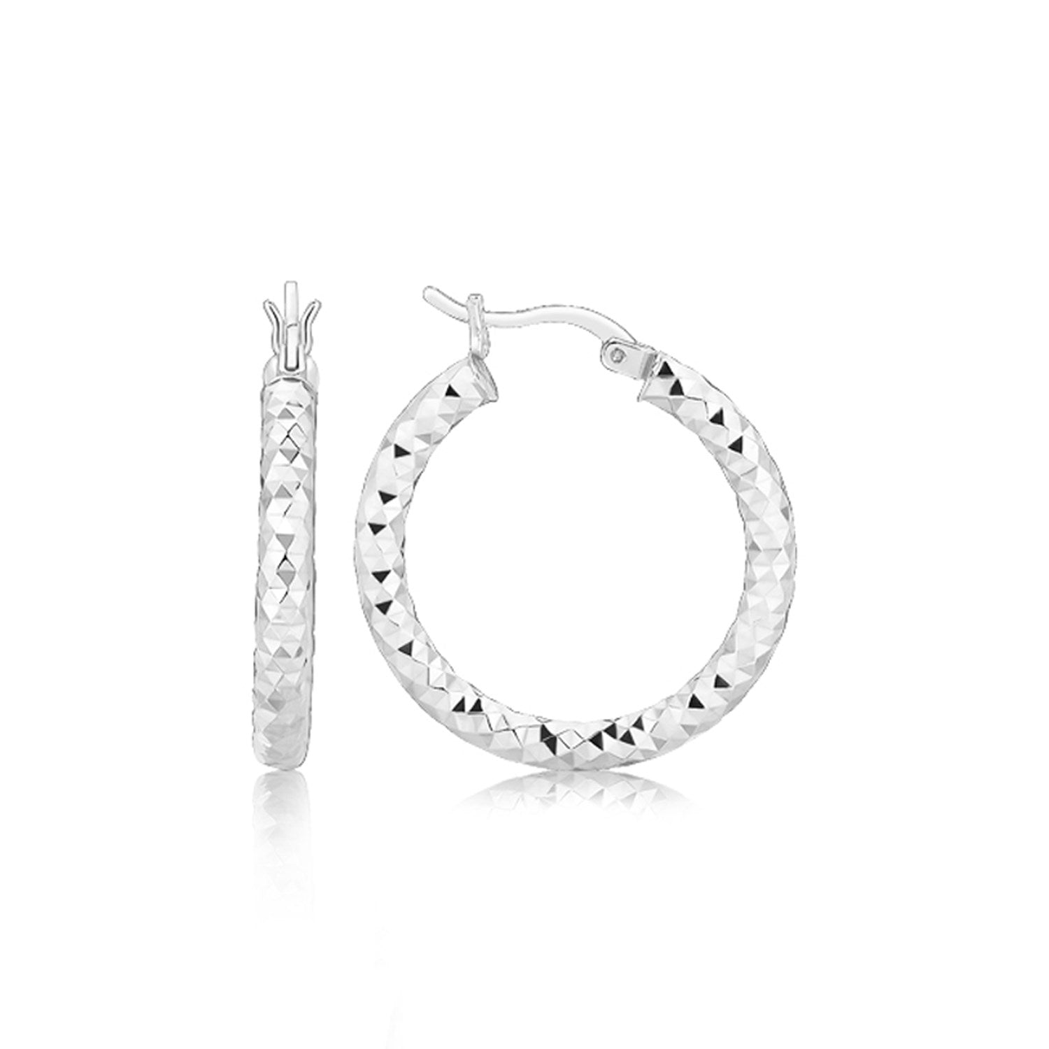Sterling Silver Faceted Hoop Earrings with Rhodium Finishing
