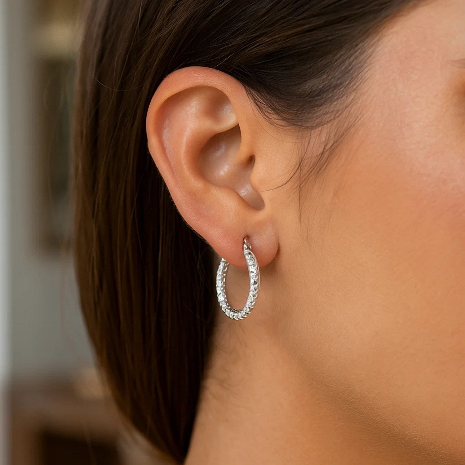 Sterling Silver Faceted Hoop Earrings with Rhodium Finishing