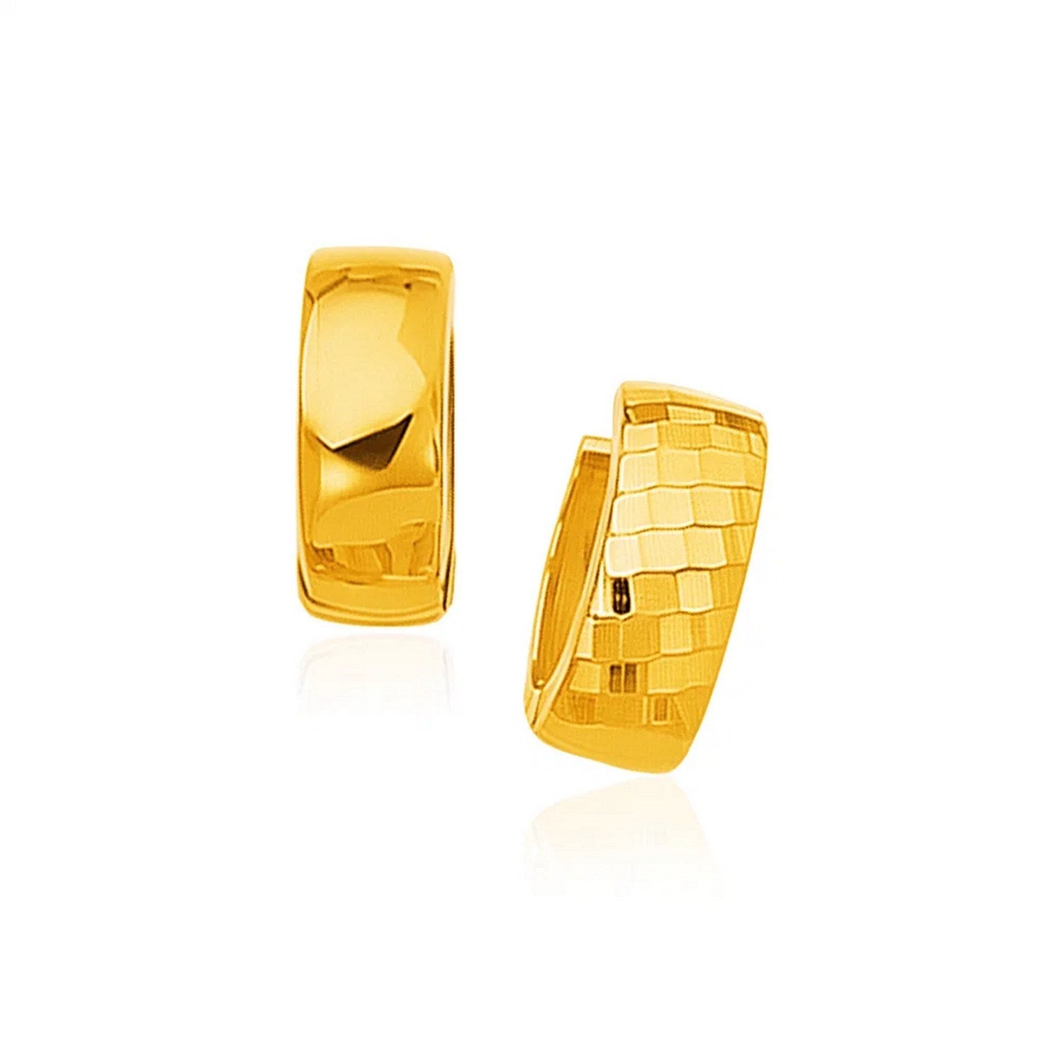 14k yellow gold textured and polished hoop earrings adorned with shimmering diamonds for a contemporary elegance.
