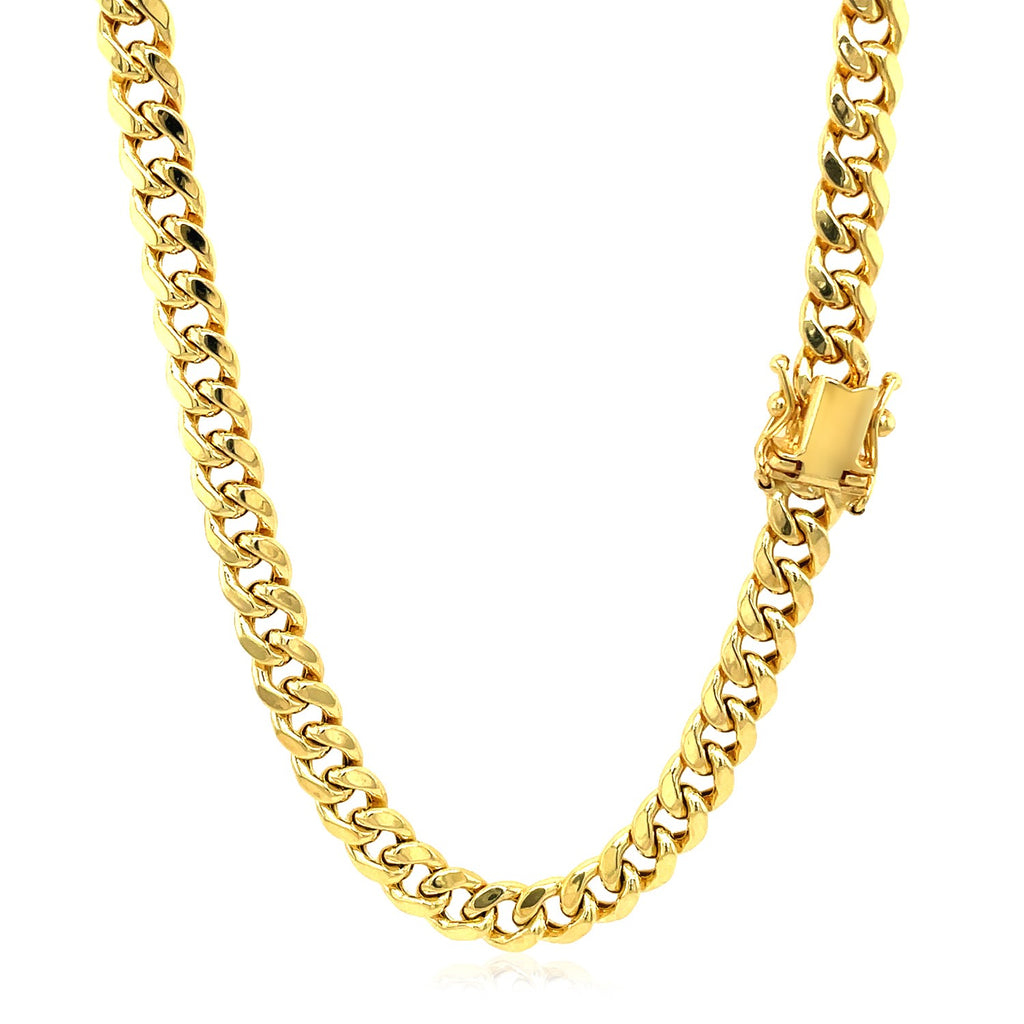 14k yellow gold semi-solid Miami Cuban chain, elegant 5.00 mm round links, perfect for luxury layering or standalone wear.