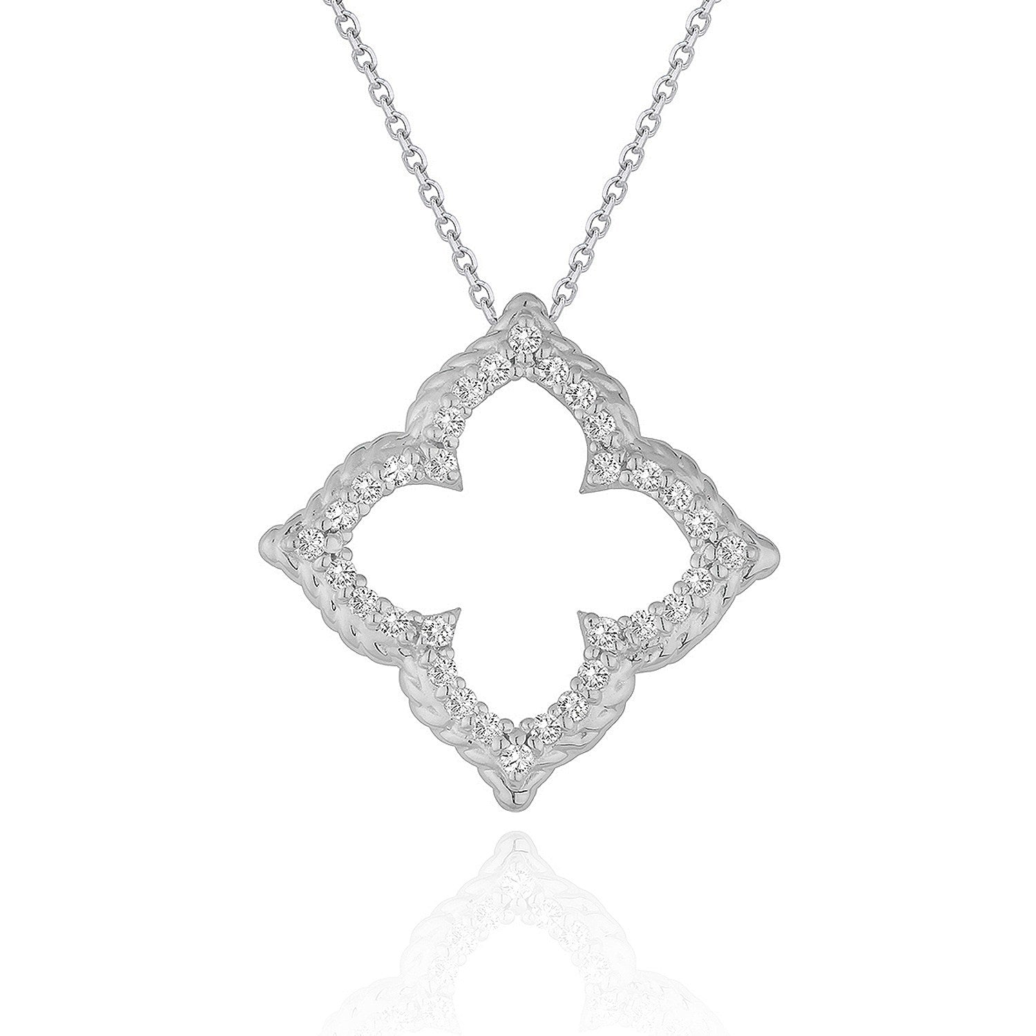 14k white gold diamond cut-out flower pendant necklace with elegant chain, showcasing exquisite craftsmanship and design.