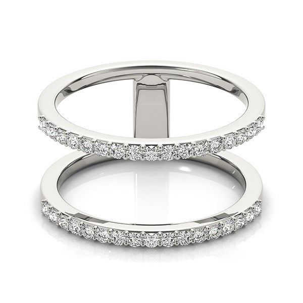 14k white gold dual band ring adorned with sparkling diamonds, showcasing a modern luxury design.