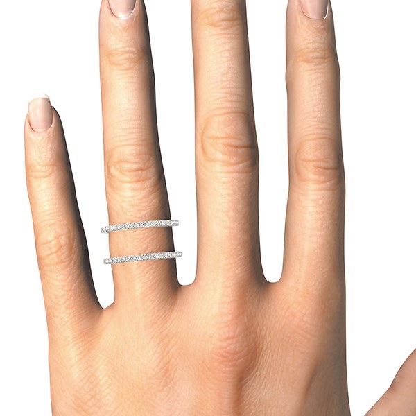 14k white gold dual band design ring adorned with sparkling diamonds, showcasing modern luxury elegance.