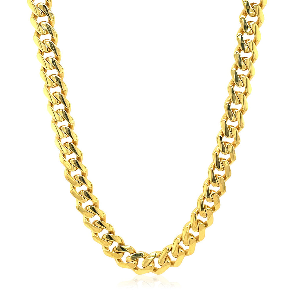 14k yellow gold polished Miami Cuban chain necklace with a modern round link design, perfect for luxury styling.