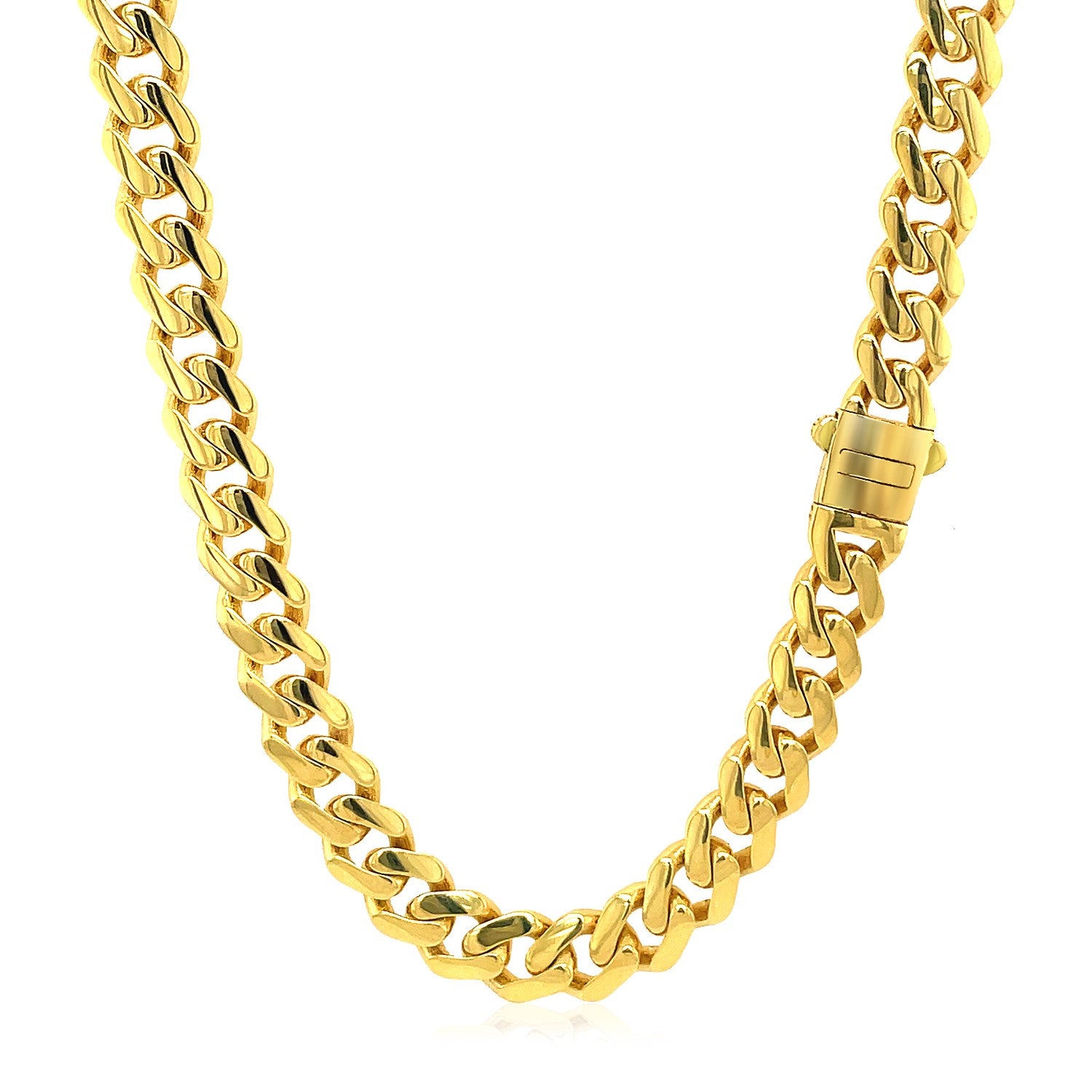 14k yellow gold polished Miami Cuban chain necklace with a modern round link design, perfect for luxury styling.