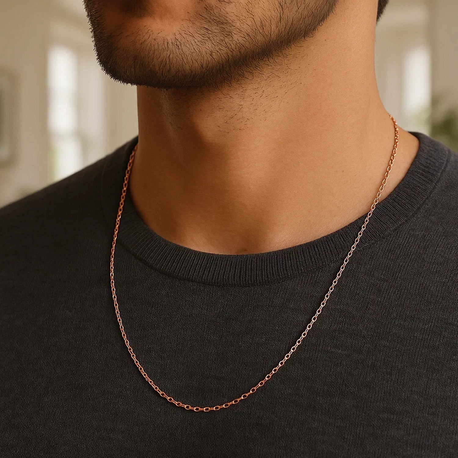 14k rose gold diamond cut cable link chain, modern design, featuring elegant interlocking links for a luxurious look.
