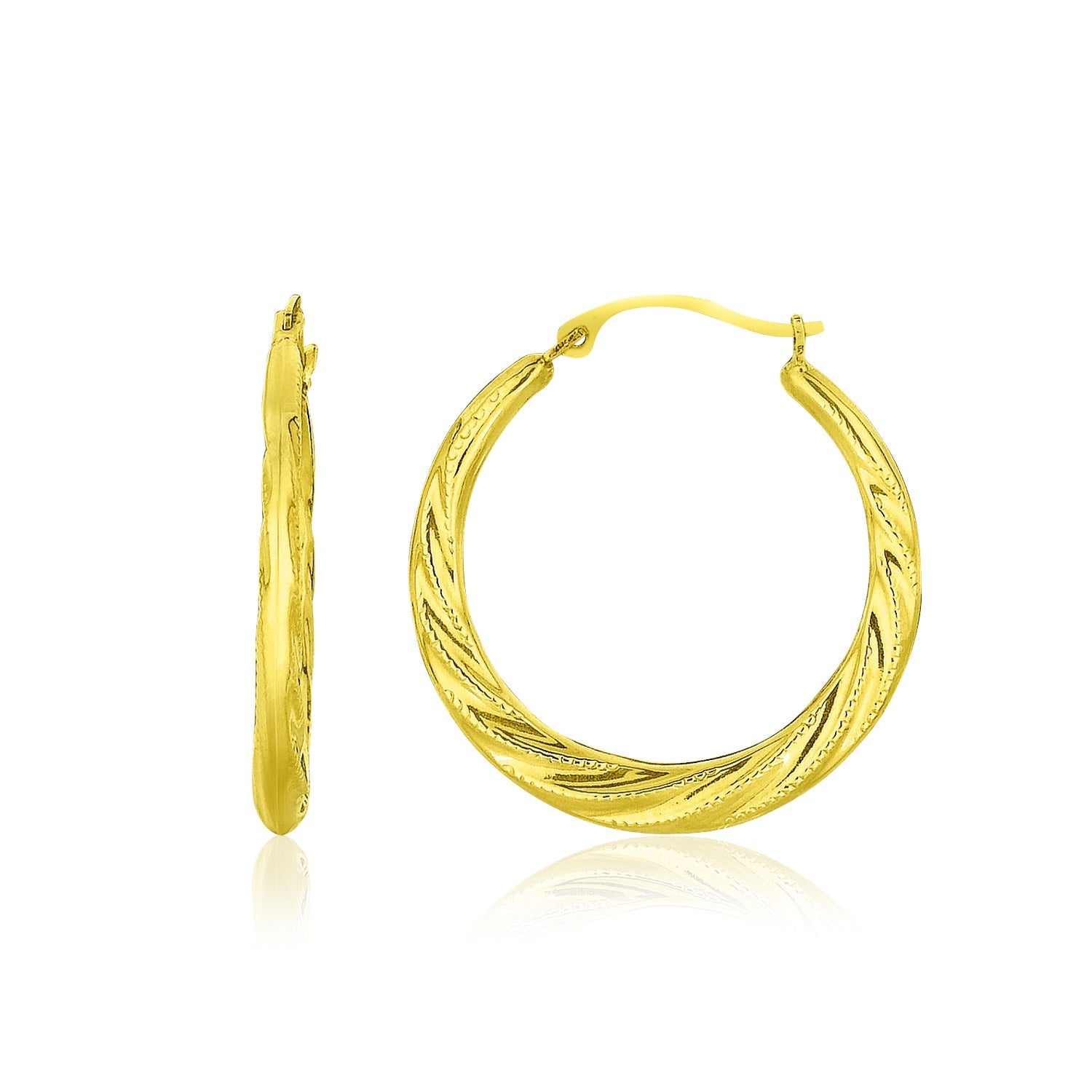 14k yellow gold graduated twisted hoop earrings, showcasing a modern design with elegant curves and a luxurious finish.